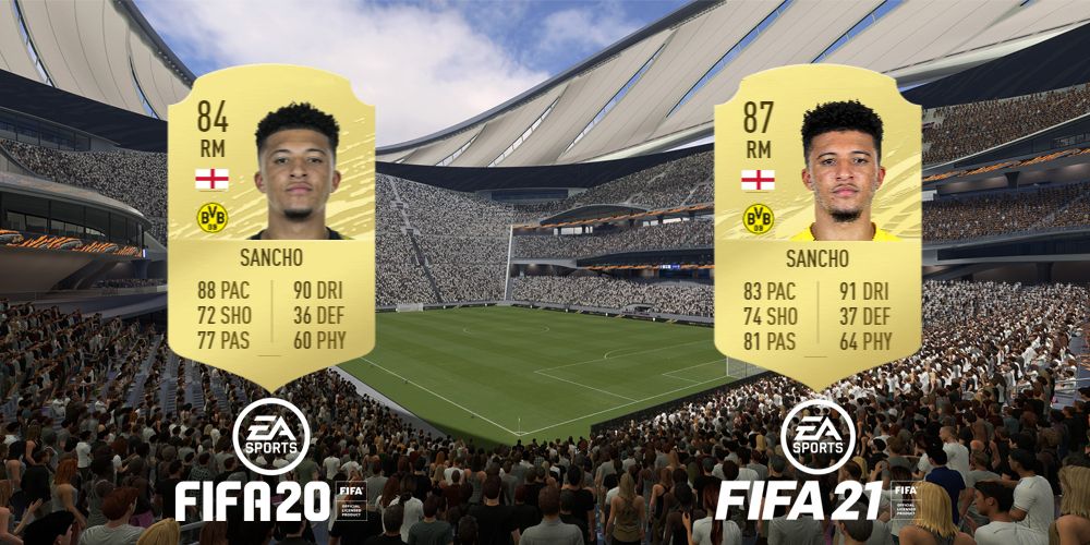 Jadon Sancho ratings comparison (FIFA 20 and FIFA 21)