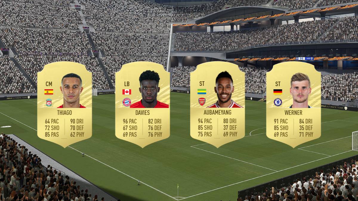 FIFA 21 player cards for Thiago, Davies, Aubameyang and Werner