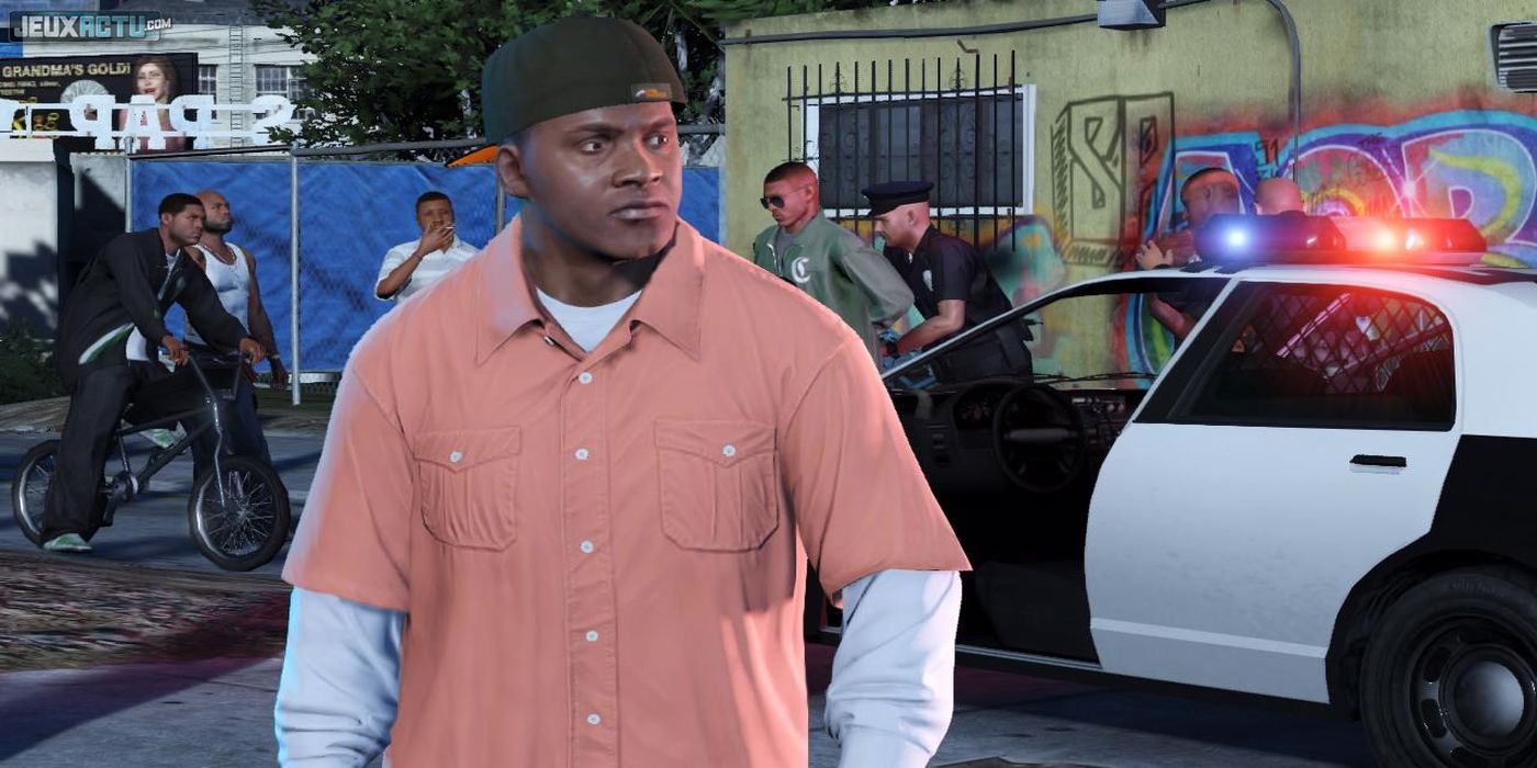 franklin in hat and pink shirt with cop car in background