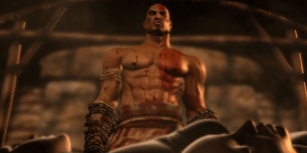 Kratos looks down at his dead wife and daughter in God of War