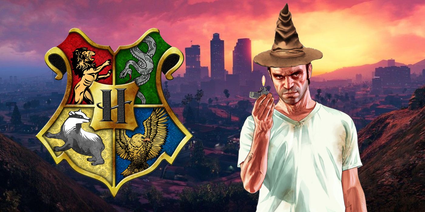 GTA V's Trevor wearing the Hogwarts sorting hat