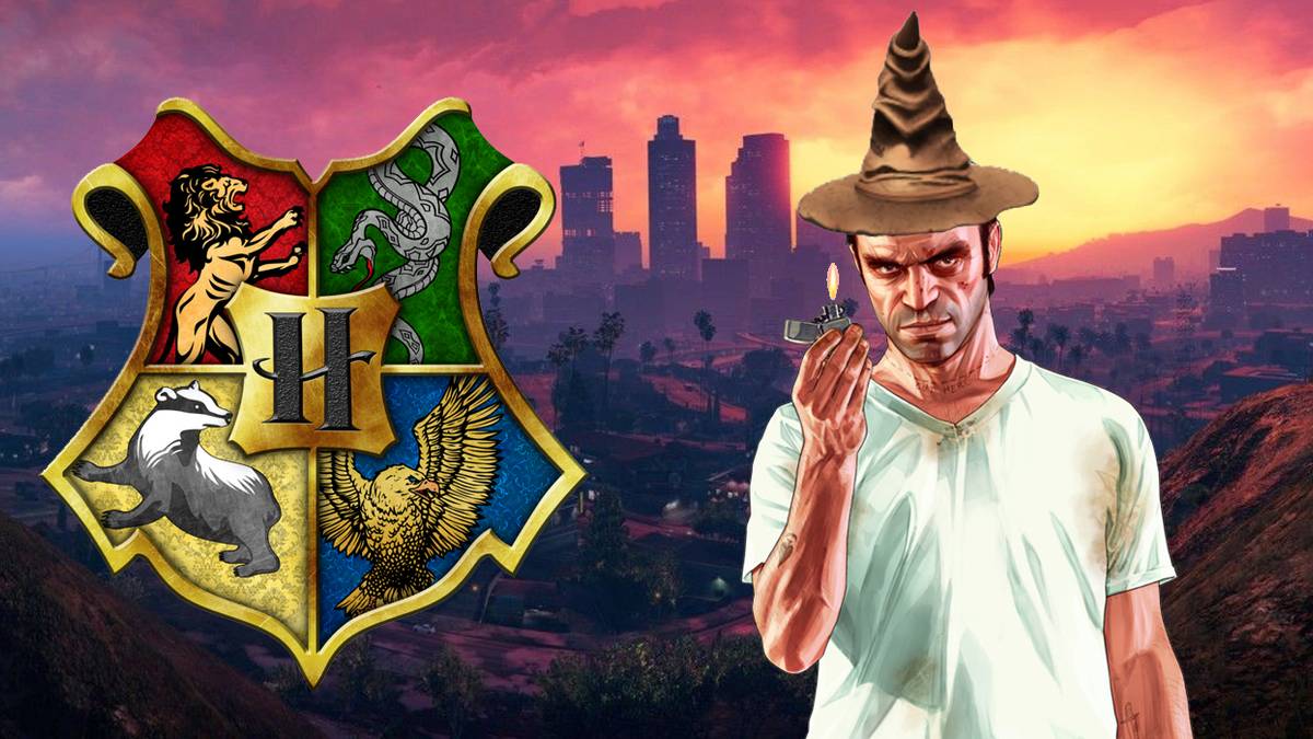 GTA V's Trevor wearing the Hogwarts sorting hat