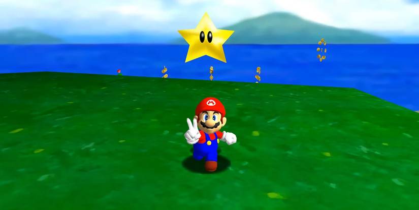 Mario standing beneath a star in Super Mario 64
