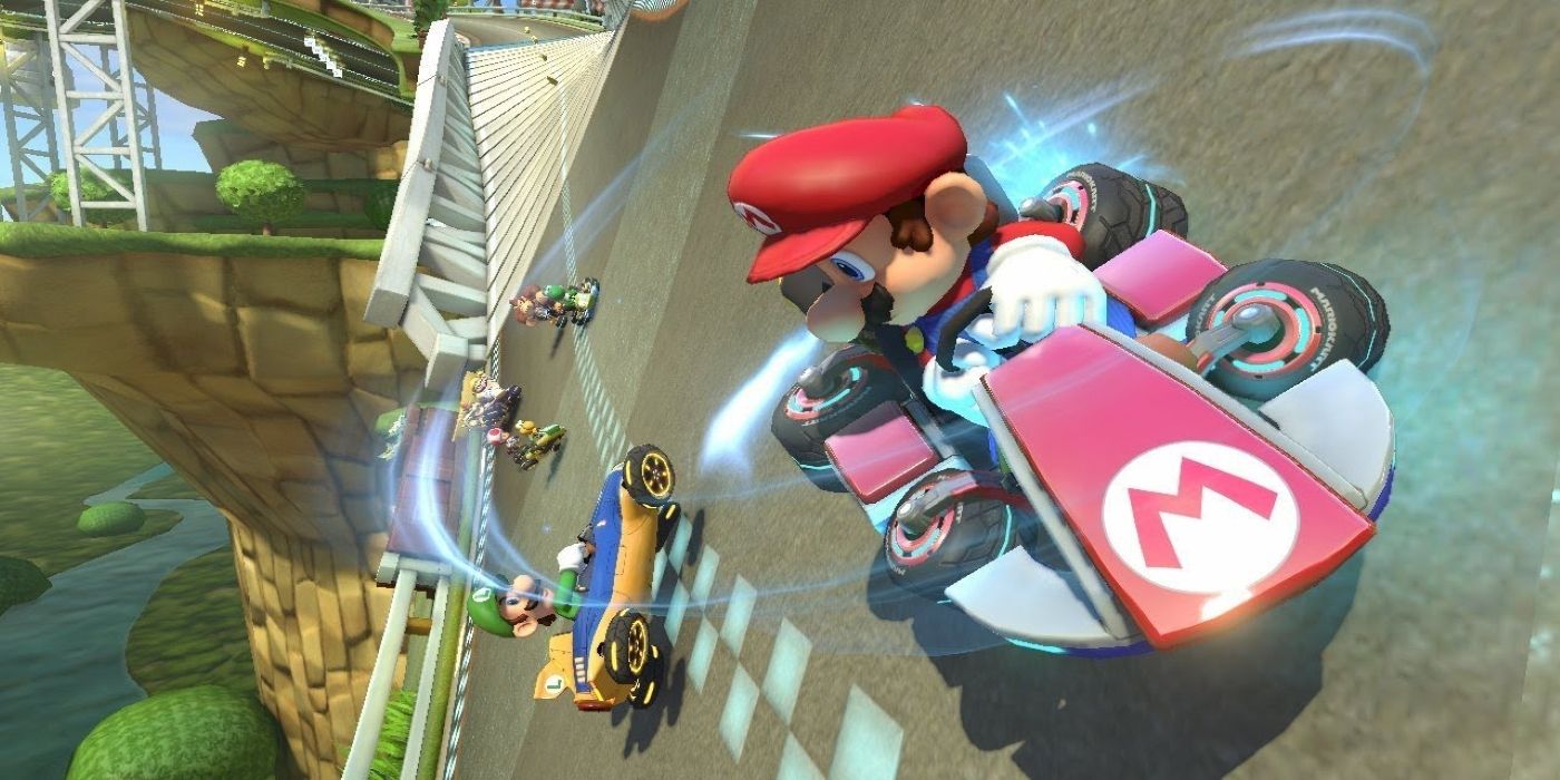 Mario looking back and drifting sideways angle in mario kart 8 deluxe