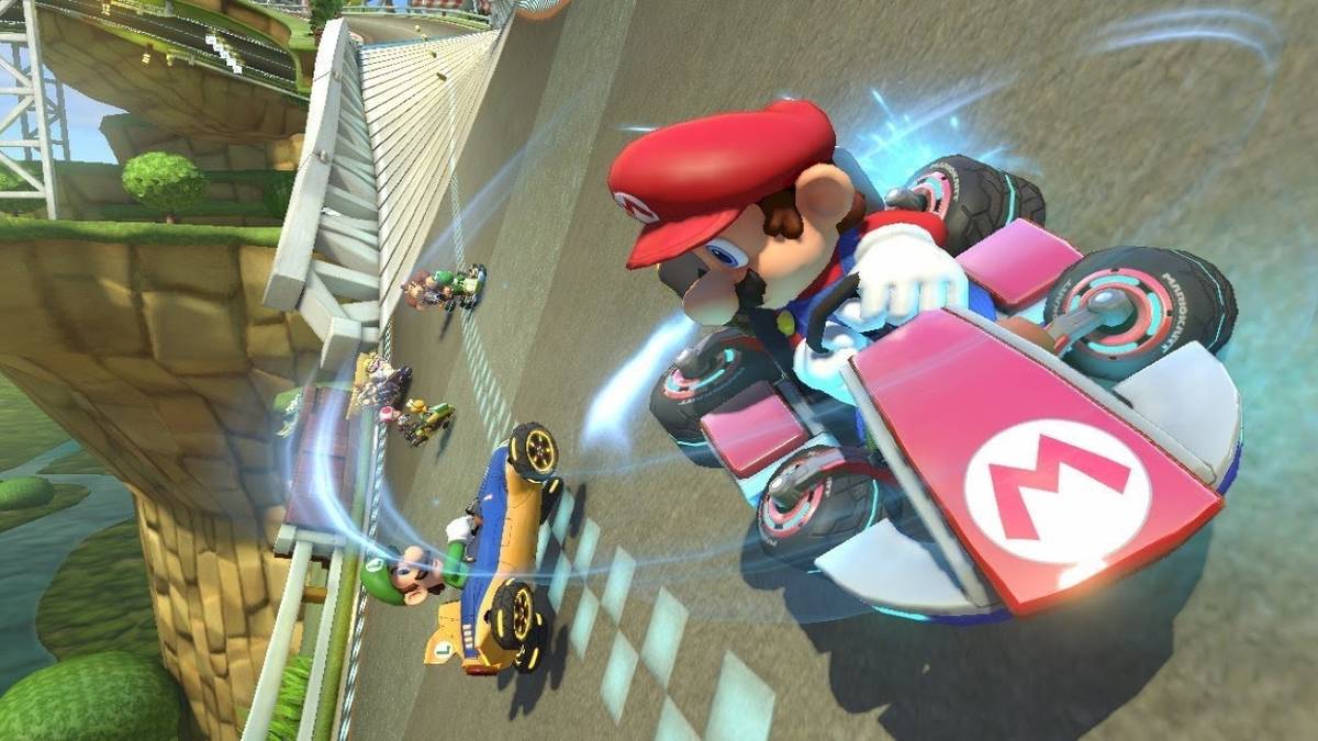Mario looking back and drifting sideways angle in mario kart 8 deluxe