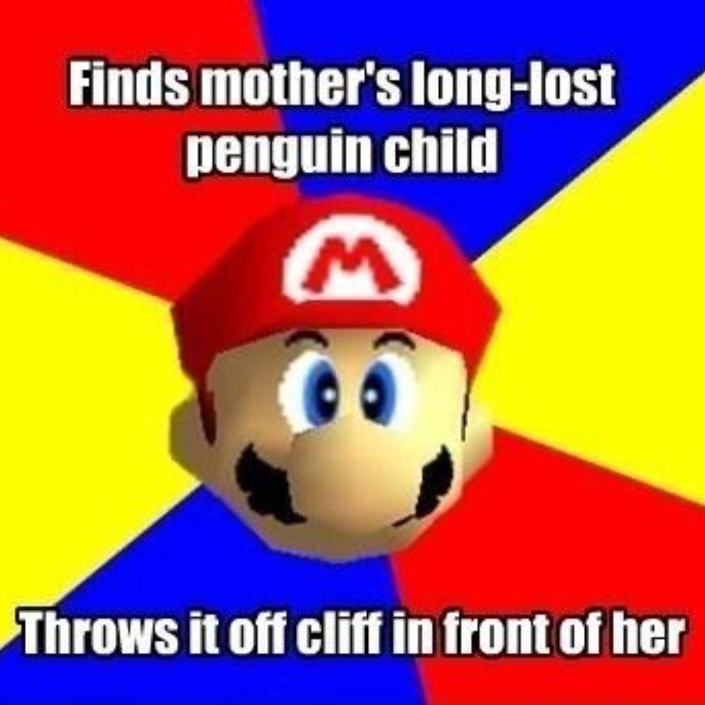Mario mother penguin cliff meme