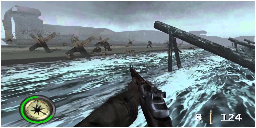 The player as they go up the beach during D-Day