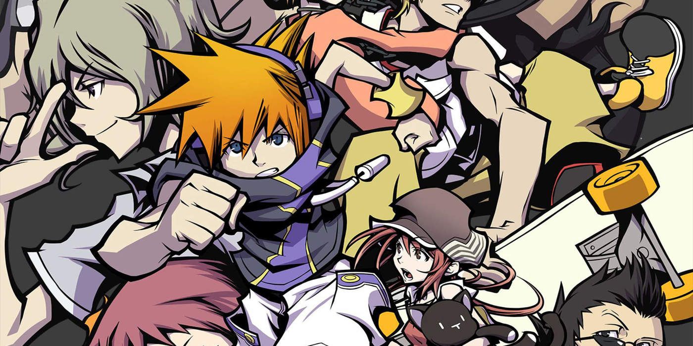Neku runs in front of major characters from The World Ends With You