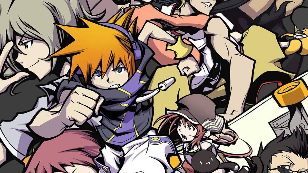 Neku runs in front of major characters from The World Ends With You