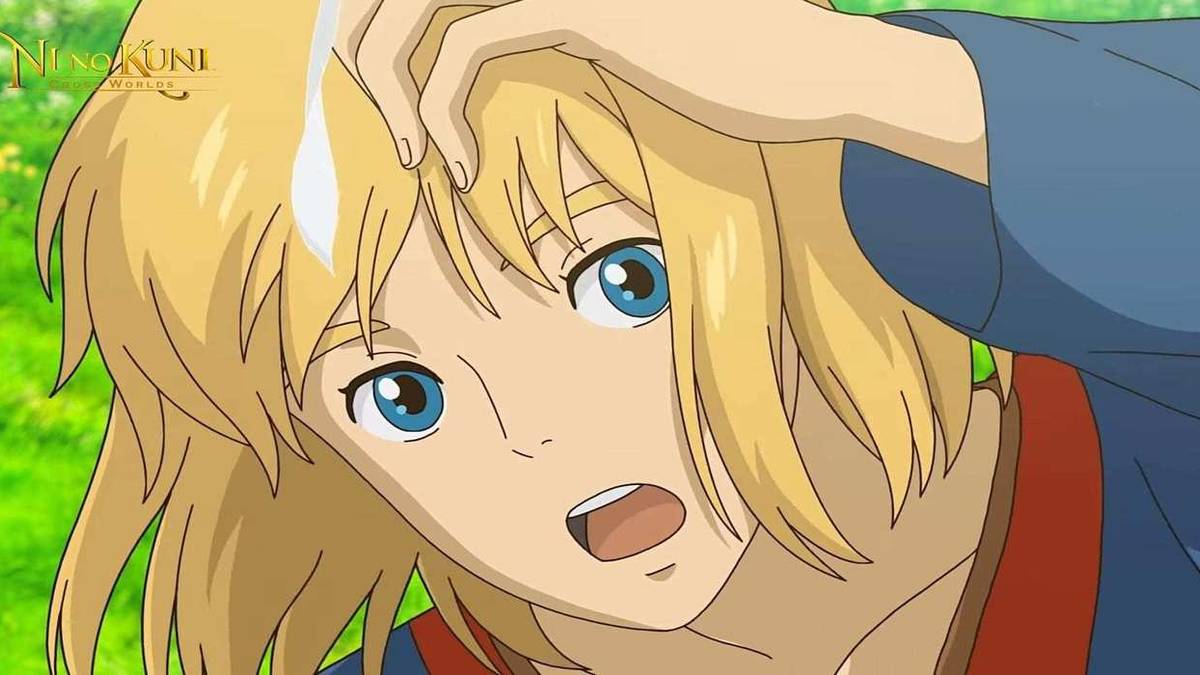 The swordsman character in Ni No Kuni: Cross Worlds looks upward while standing on a grassy field.