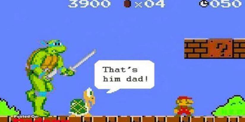 ninja turtle and koopa troops chasing retro Mario meme