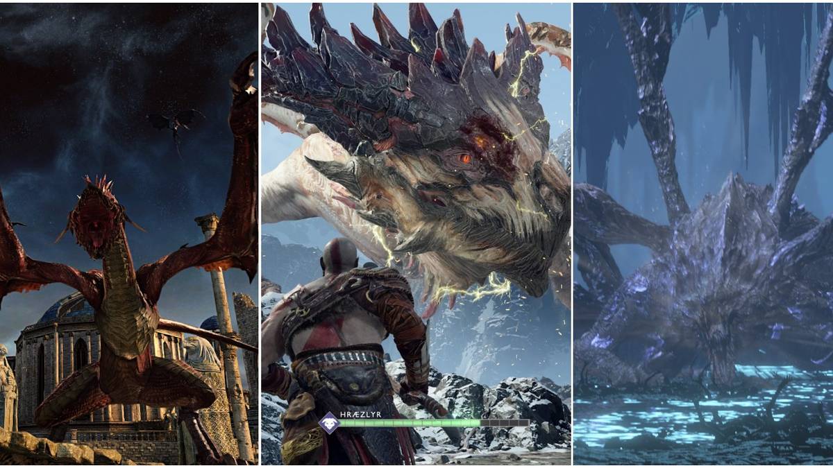 Collage of dragons from dark souls and god of war