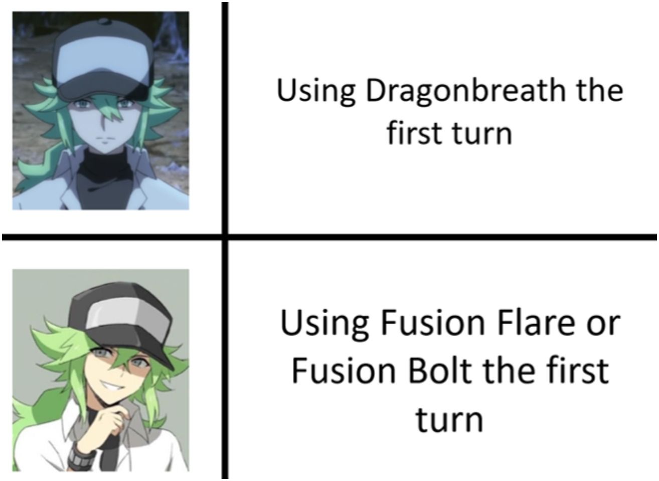 Meme of N's reaction to using dragonbreath vs. N's reaction to using fusion flare or fusion bolt