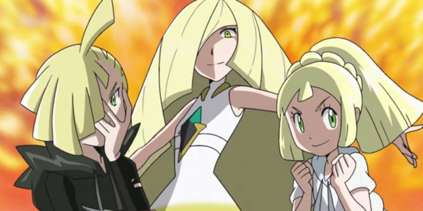 Lusamine, Gladion, and Lilie from Pokemon Sun, Moon, Ultra Sun, and Ultra Moon in the animated Pokemon Masters EX Trailer
