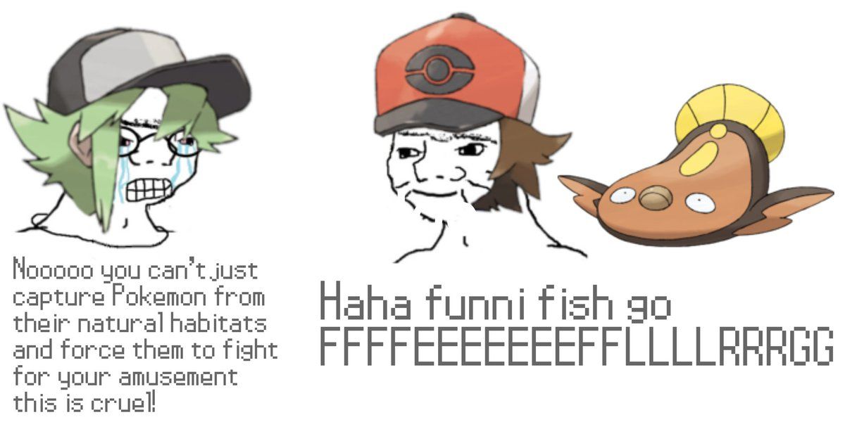 Meme making fun of N crying of Pokemon's mistreatment and the trainer laughing at Stunfisk