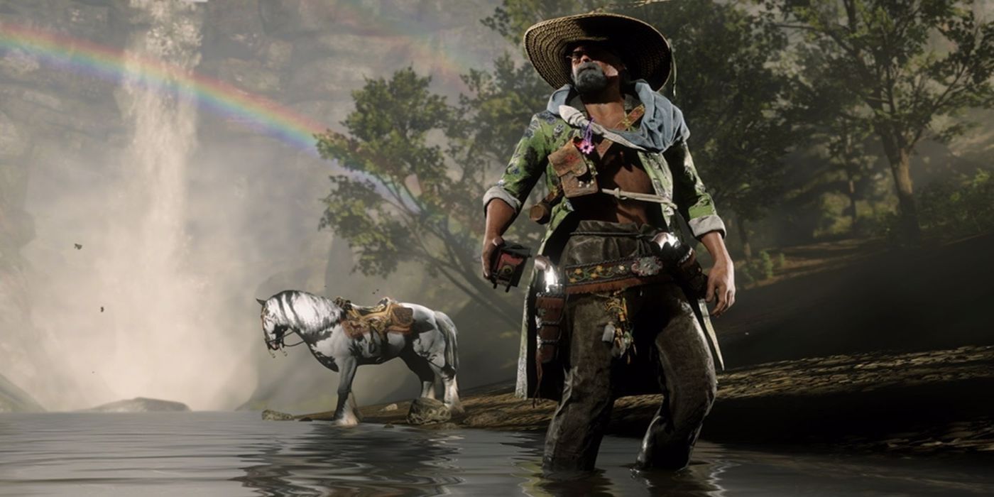 red dead online horse and rainbow in background