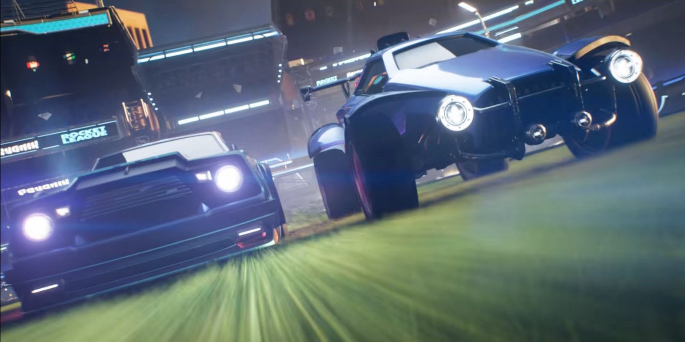 Two cars race side-by-side in the trailer announcing Rocket League will be free-to-play.