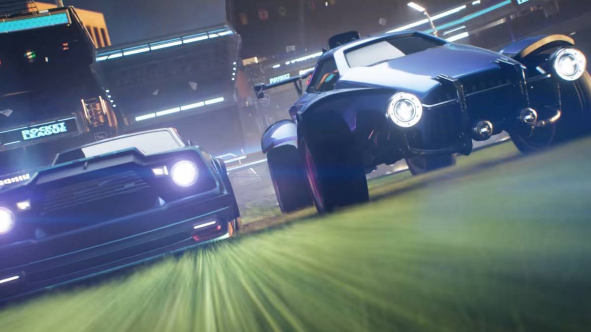 Two cars race side-by-side in the trailer announcing Rocket League will be free-to-play.