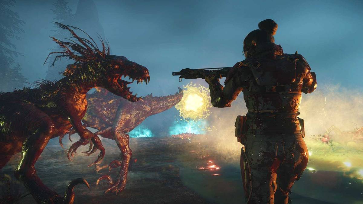 A soldier aims his rifle at a raptor in the midst of a chaotic battle.