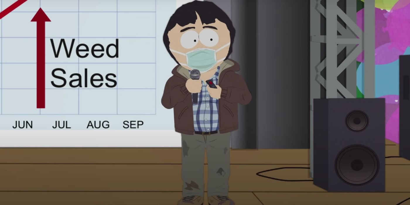 Randy Marsh in a mask in front of a Weed Sales Sign