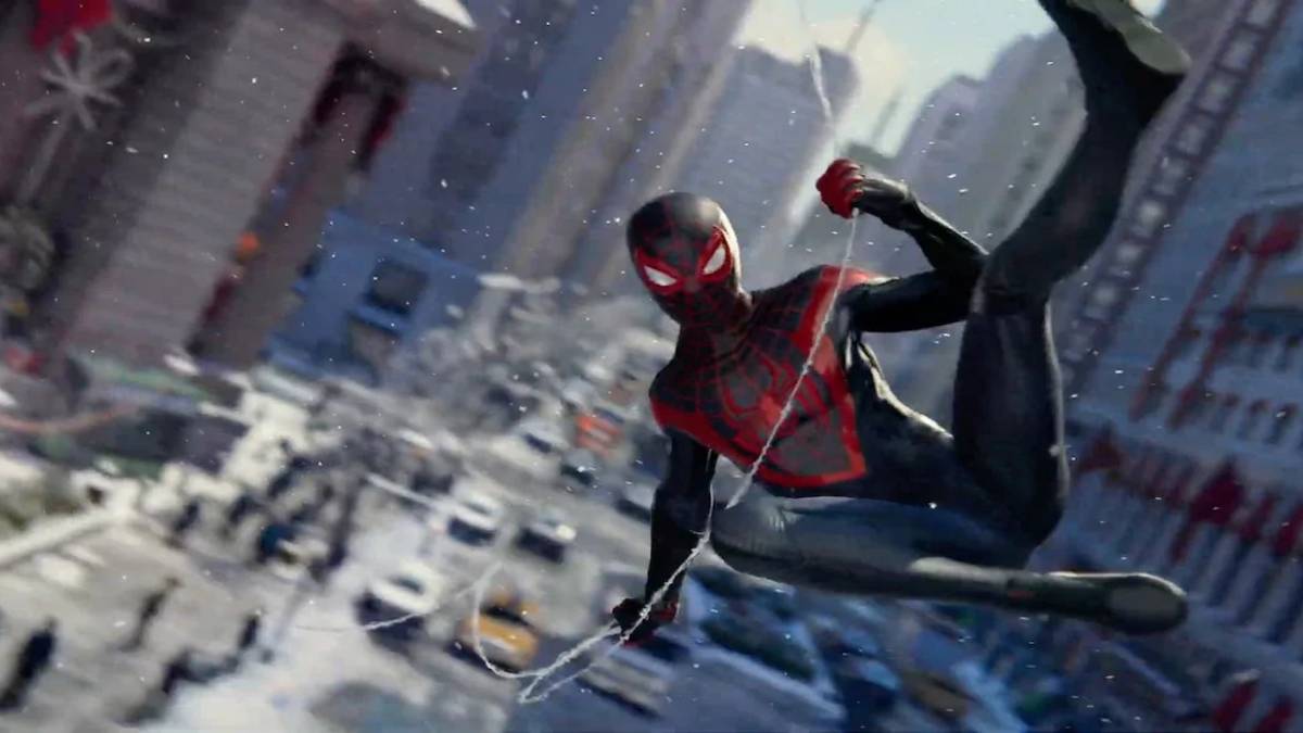 Miles Morales swinging through the city