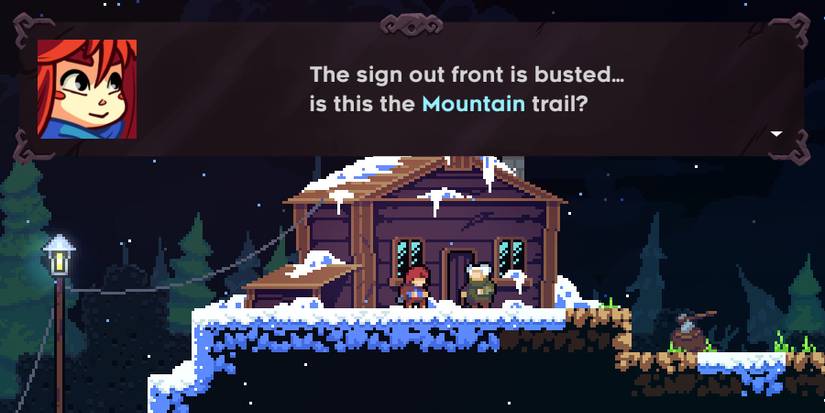 Celeste in the snow by a cabin and old man.