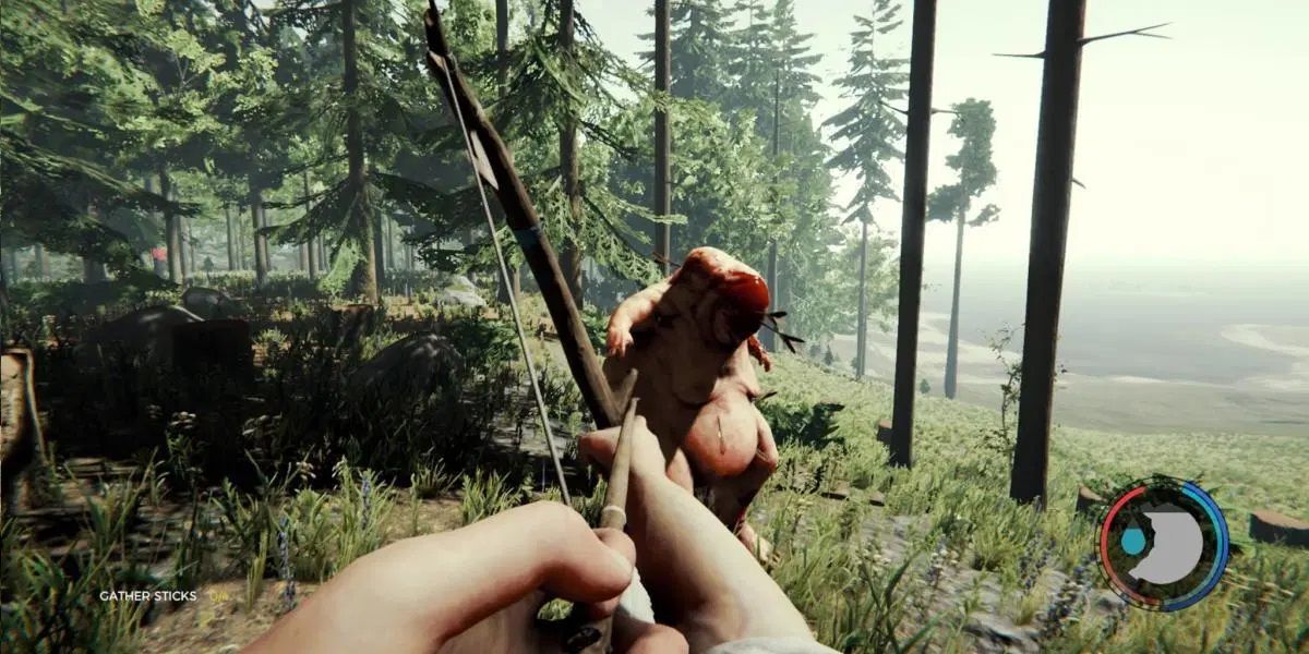 A player attacking something with a bow in The Forest