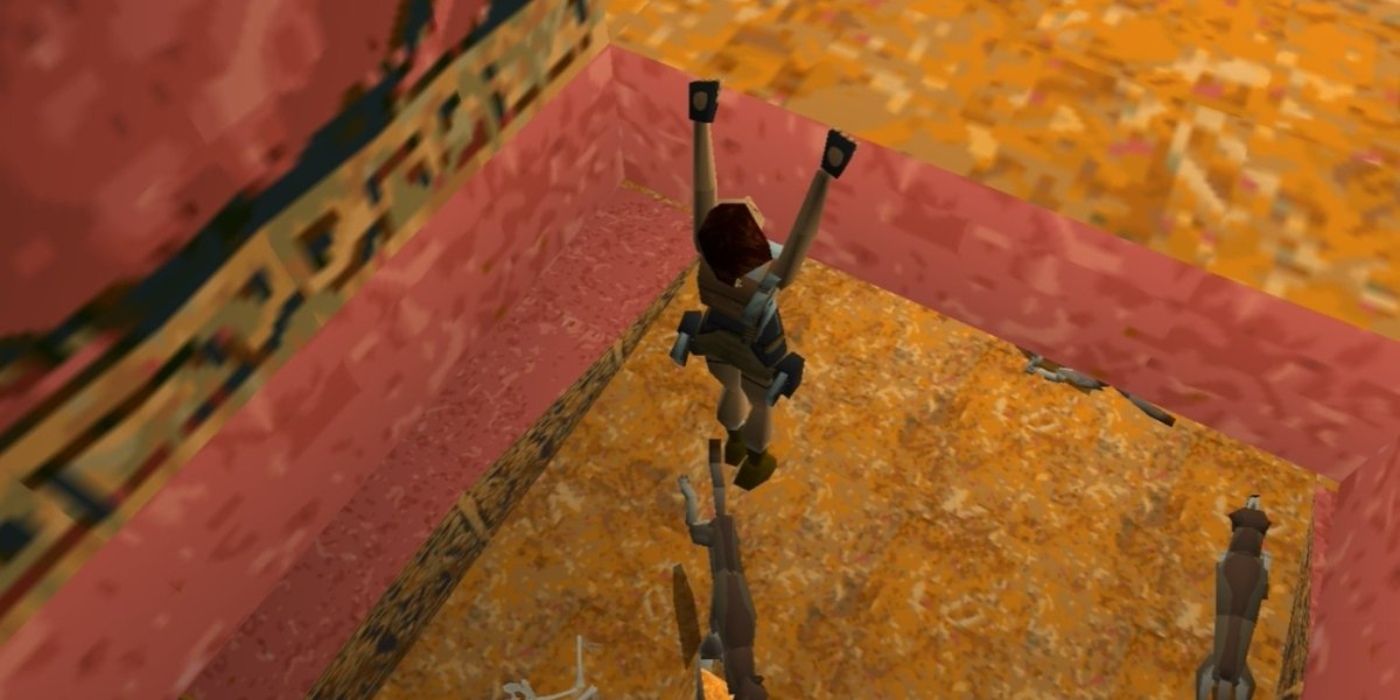 Lara Croft hanging off a ledge