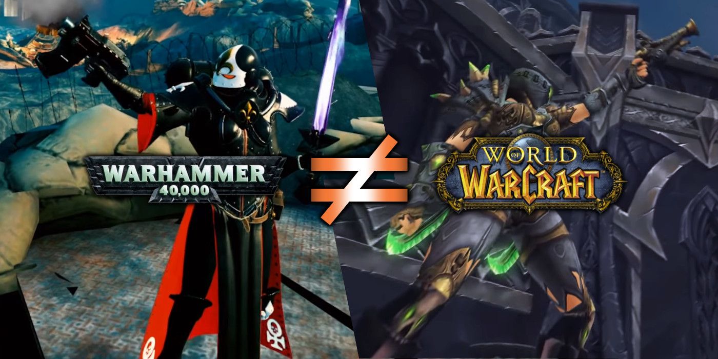 On the left, a Warhammer soldier wields a purple plasma sword and a modern SMG. On the right, a World of Warcraft soldier wields dual green sabers and a musket. Each has their corresponding logo superimposed with a not-equals sign between them.