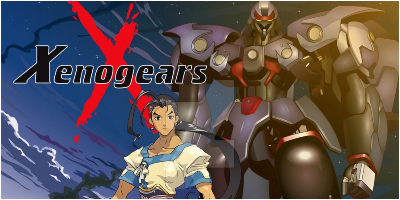 Xenogears promotional title image with key character