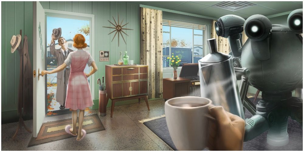 Promotional material showing a woman opening the door, with 1950s aesthetic in her house