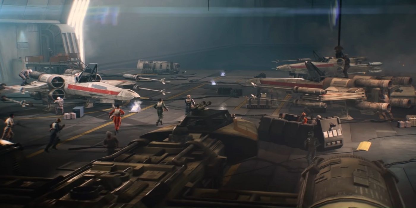 An image of a Rebel hangar in Star Wars Squadrons