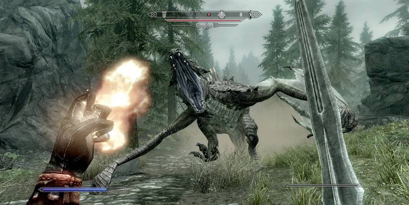 Battling a dragon in The Elder Scrolls V- Skyrim