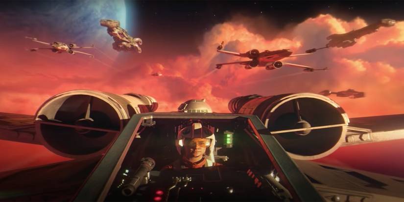 An X-Wing in flight in Star Wars Squadrons