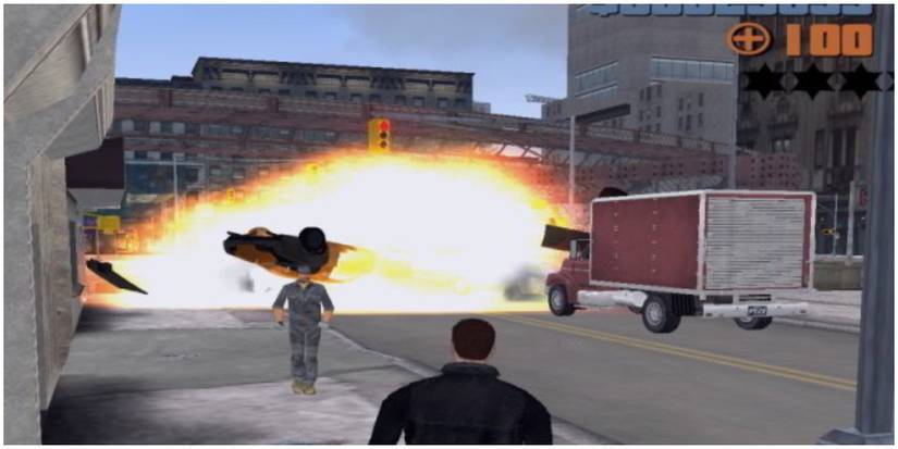 The protagonist watching a car blow up