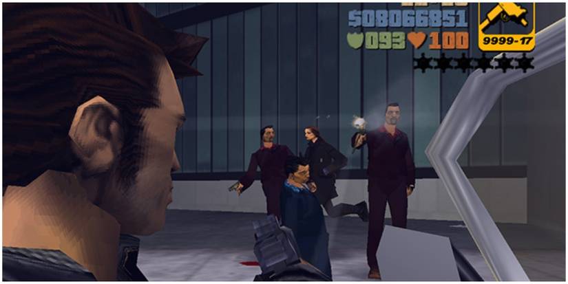 The player doing a drive-by on enemy gang members