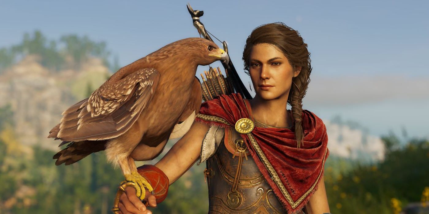 Screenshot Assassin's Creed Odyssey Kassandra with Ikaros on her arm