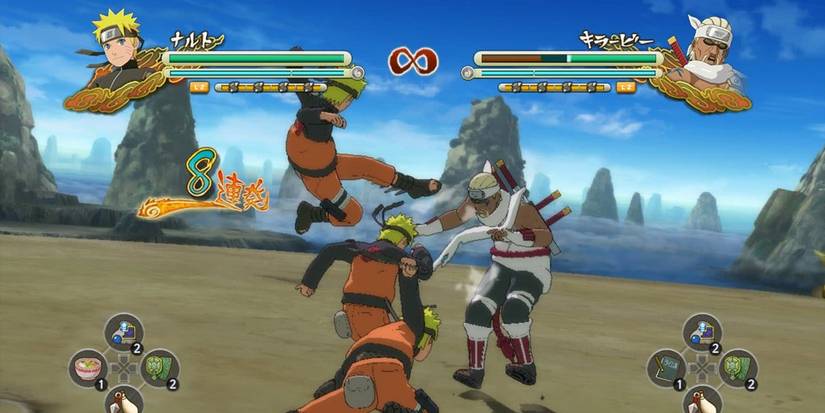 Naruto fighting multiple enemies on the beach.