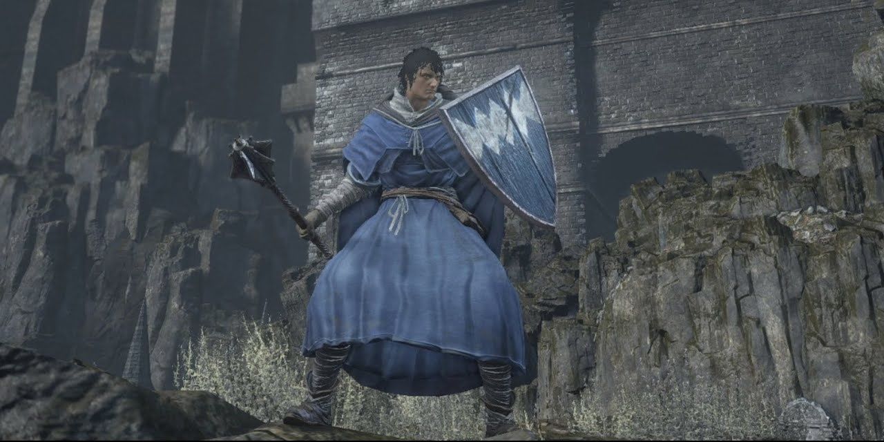 Dark Souls 3 Cleric class holding up shield.