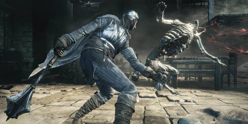 Dark Souls 3 Herald class hitting undead dog.