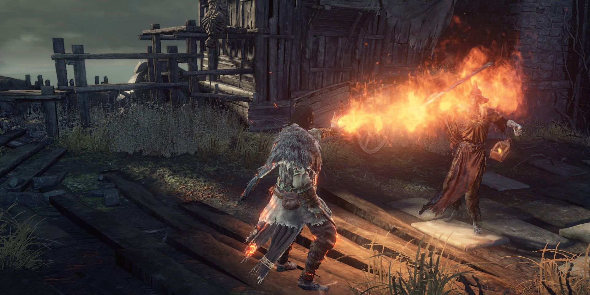 Dark Souls 3 Pyromancer burning target.