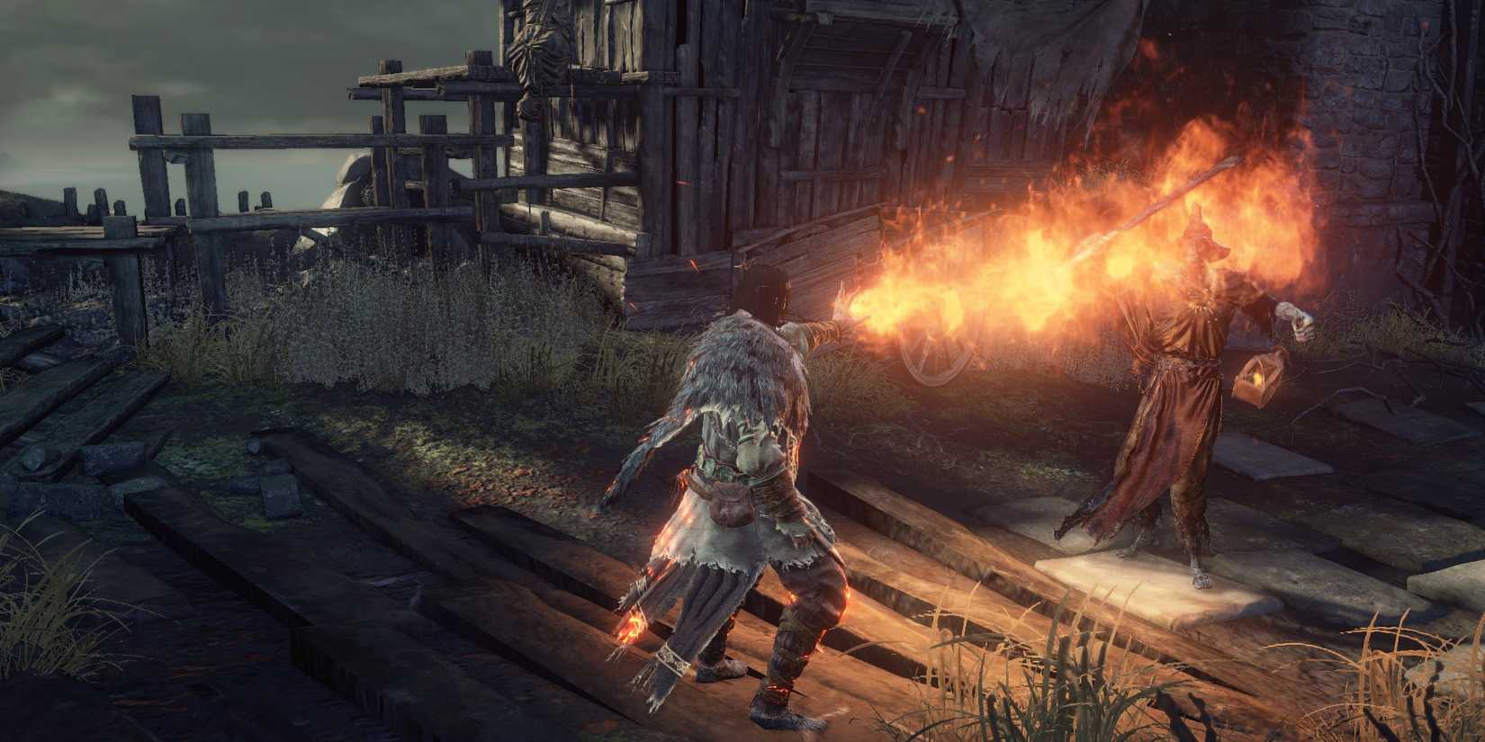 Dark Souls 3 Pyromancer burning target.