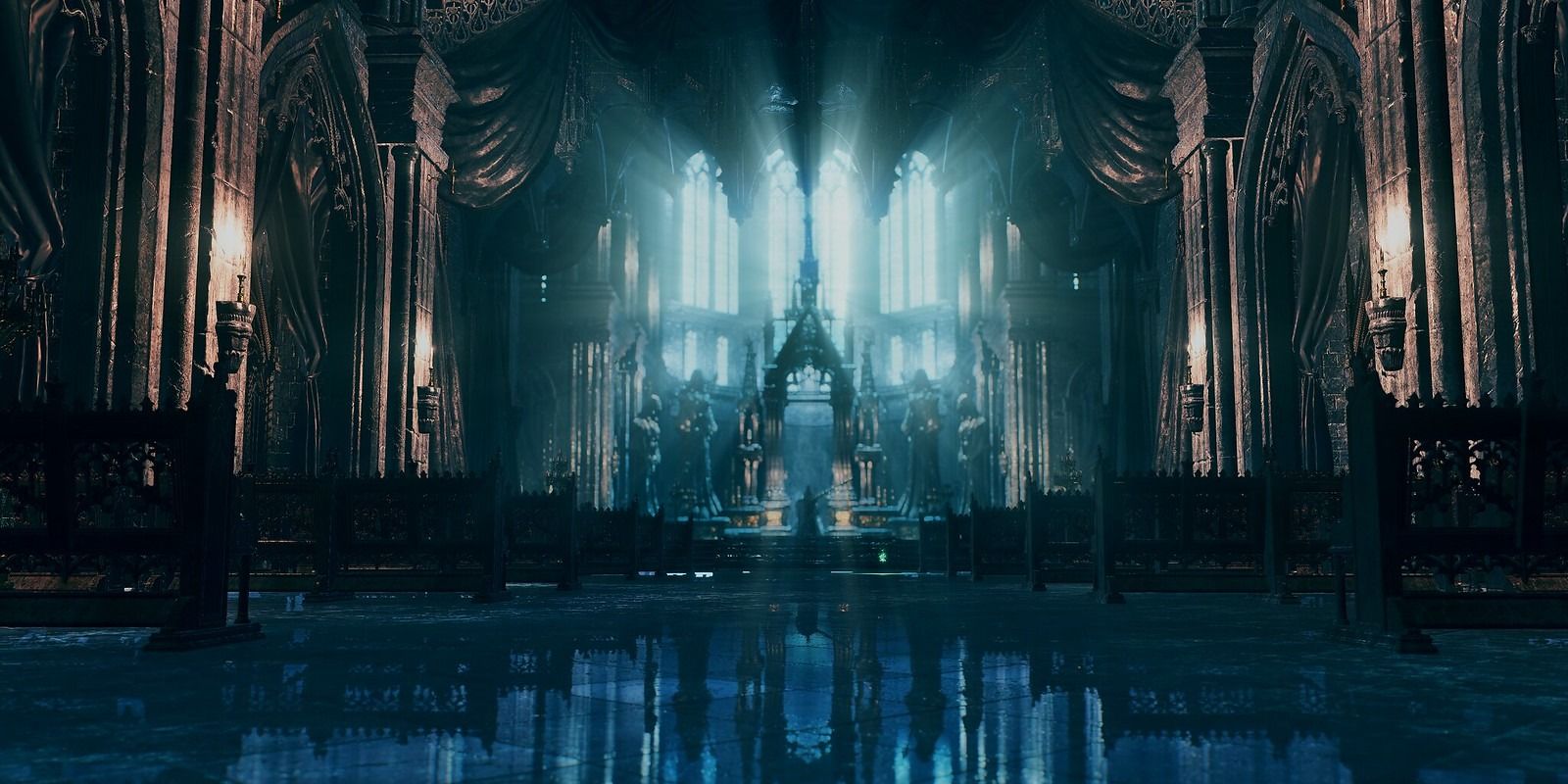 Vast room of a cathedral lit in blue light with pews and intricate details