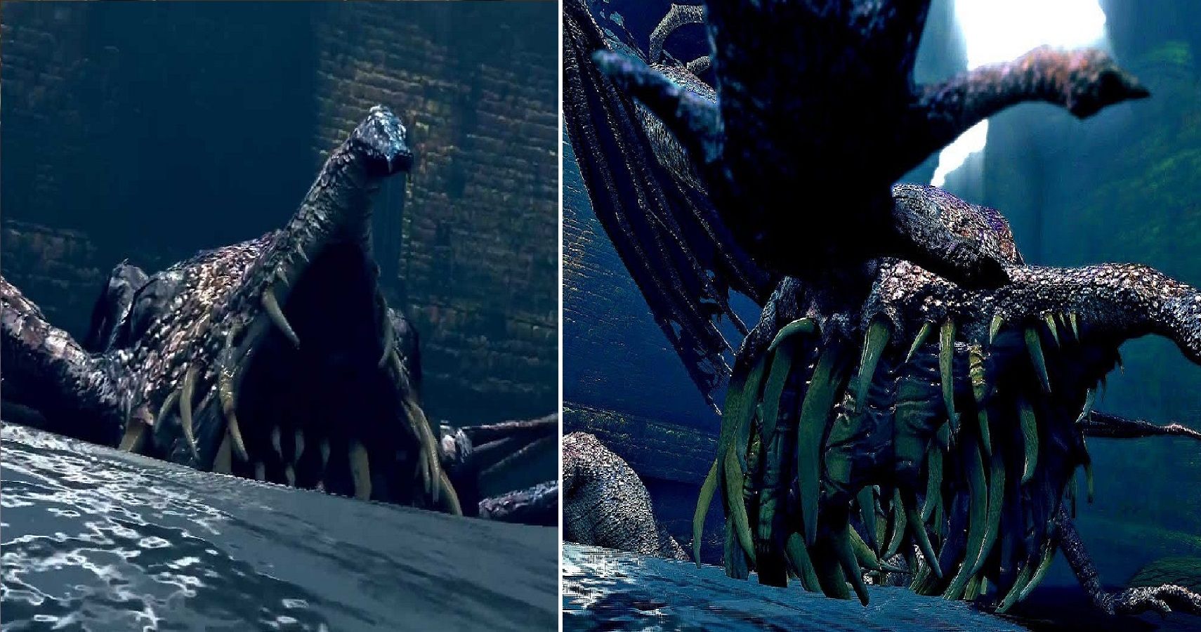 Разделенное изображение Gaping Dragon из Dark Souls, во вступительном ролике и в бою.