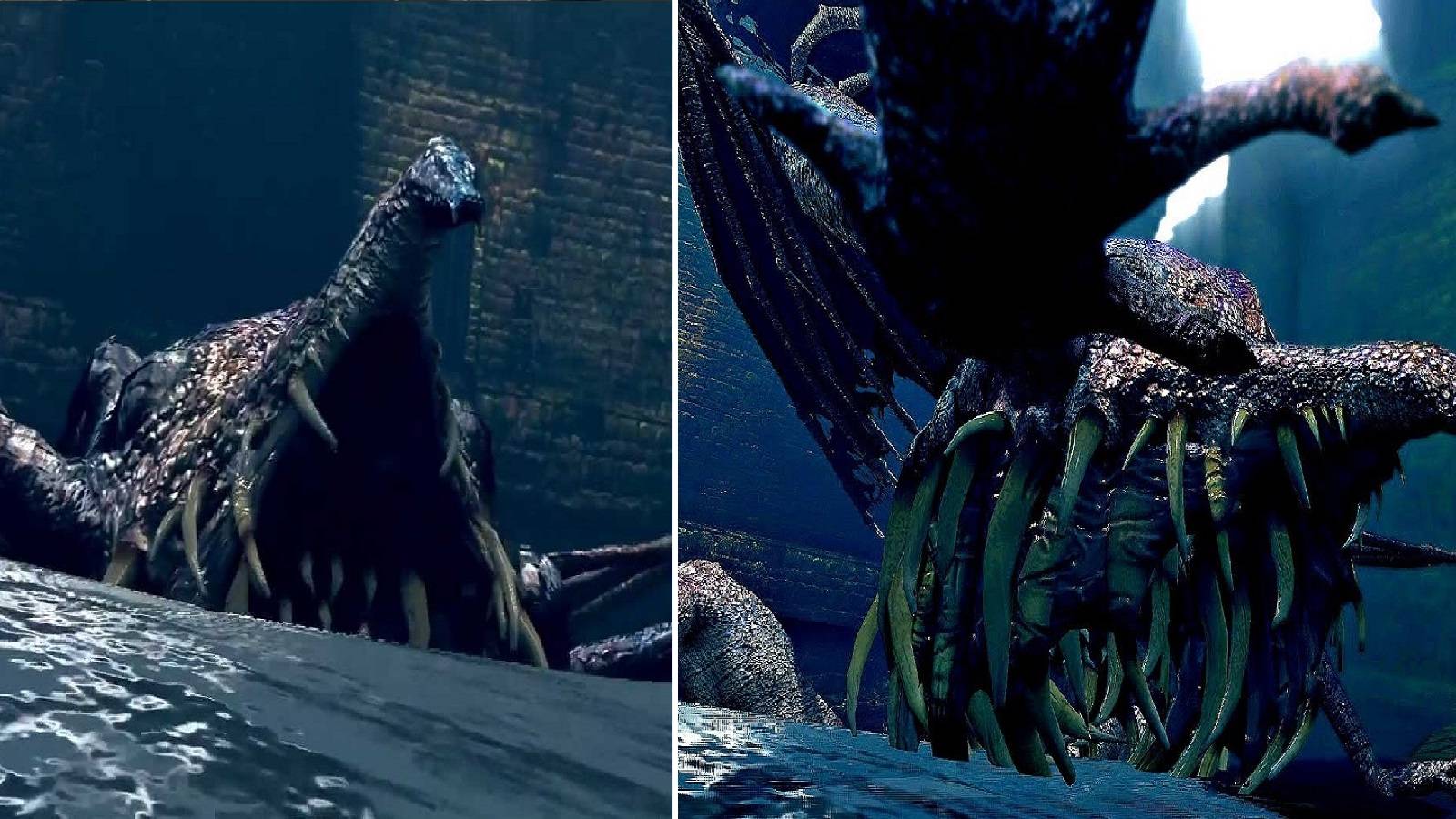 A split image of Dark Souls' Gaping Dragon, in its intro cutscene and in battle