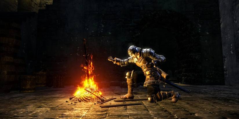 Dark Souls Remastered Bonfire and Warrior.
