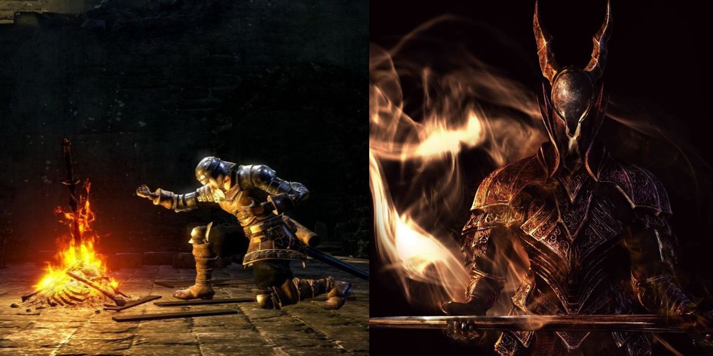 (Left) Featured image of character sat by bonfire (Right) Dark Souls: prepare To Die Edition cover image