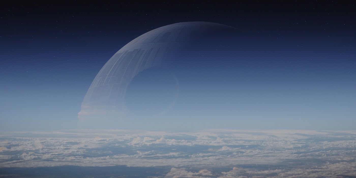 The Death Star looming behind a cloud.