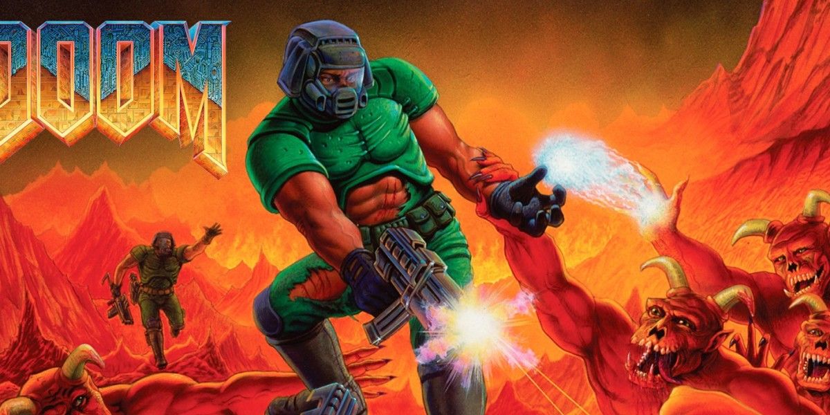 Doom title image with Doomguy shooting deamons