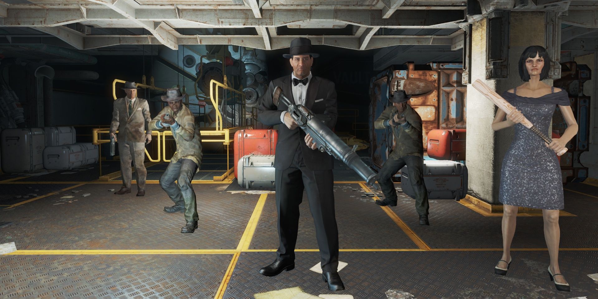 Fallout 4 Vault 114 Triggermen mob including Skinny Malone.